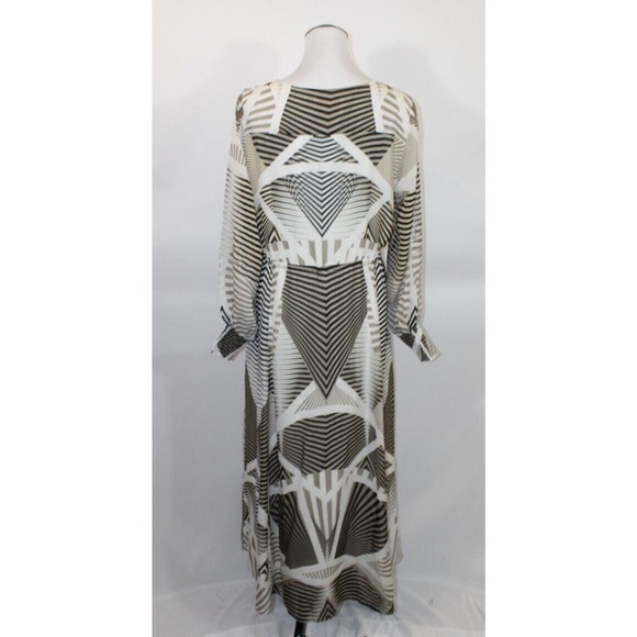 IVIELLE Sz 38 10 US White Tan Black Stripe Silk Maxi Dress Long Sleeve - Picture 5 of 10